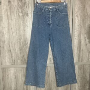 Loup Jeans Size L Wide Leg High Rise Button Fly Simone Patch Pockets Blue